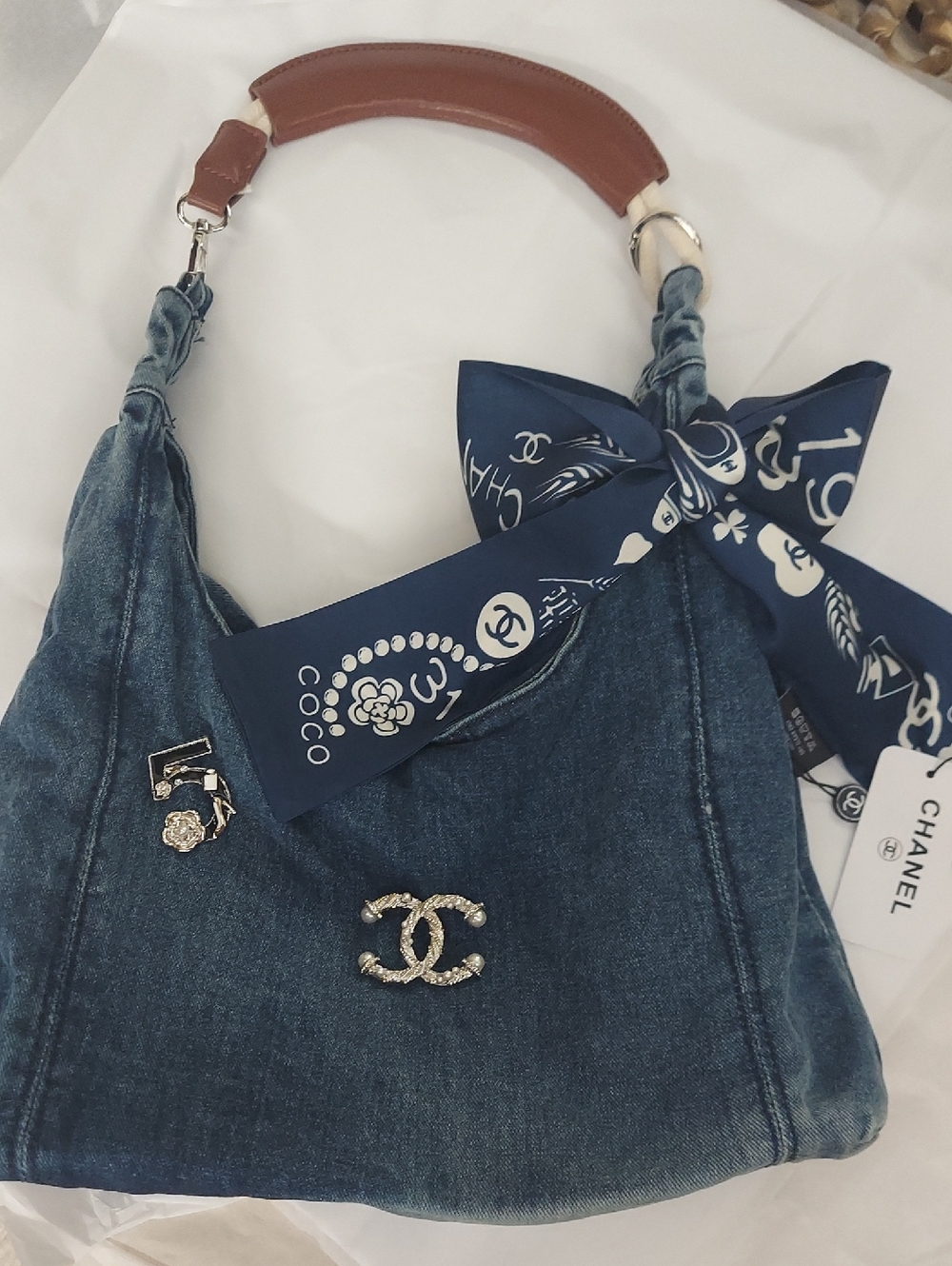 CC Denim Hobo Bag With Silk Twilly